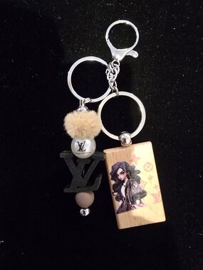 Beige & Black Designer-Inspired Pom Keychain with Wooden Tag